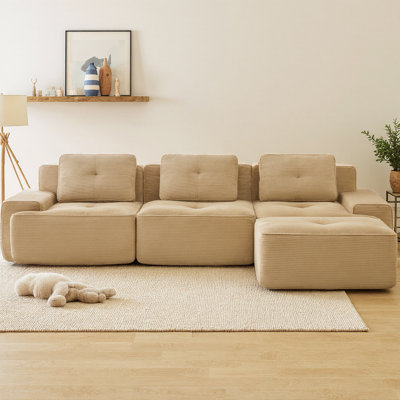 Canapé modulaire en forme de L de 117 po avec repose-pieds mobile, canapé 3 places en velours côtelé de qualité supérieure avec assise profonde, conception capitonnée et base antidérapante sans assemblage
