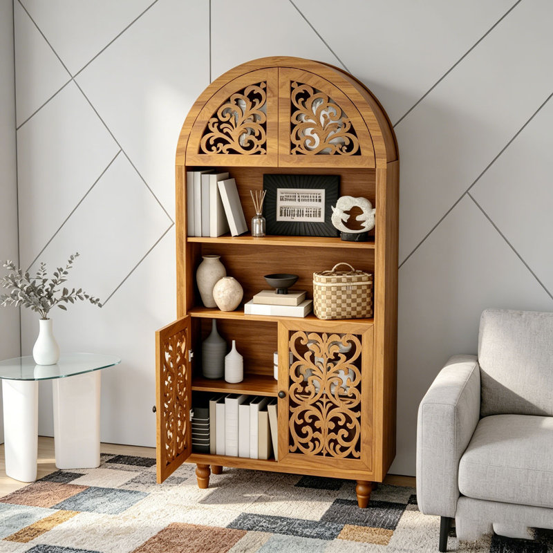 Bibliothèque 66 po de hauteur avec bibliothèque ouverte et armoire arquée en bois sculpté