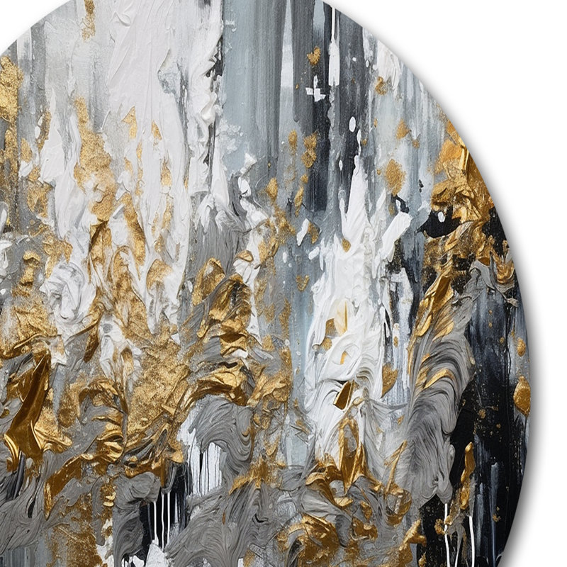 Noir et blanc délicat coups de pinceau I - art abstrait rond en marbre sur métal, H 36 po x l 36 po x P 1 po