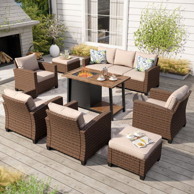 9 - Person Outdoor Wicker Patio Conversation Furniture Set With Fire Pit Table