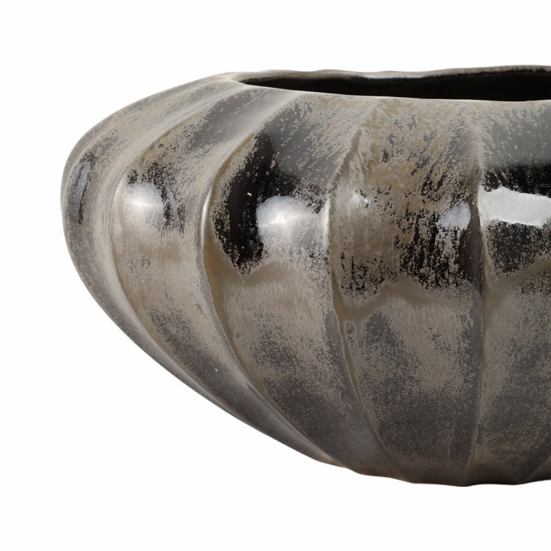 Bol décoratif rond en poterie nervurée avec fini glacé pour décoration intérieure - Bol décoratif moderne pour tablette, table basse ou décoration intérieure - 14 po, noir