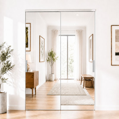 Modern Aluminum Frame Sliding Mirror Closet Door with Full-Length Mirror Panel & Mirrored Header Space-Saving Wardrobe Door for Bedroom Walk-In Closet