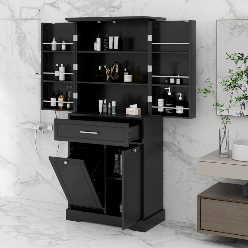 Armoire de rangement avec tiroir et tablette de porte, panier à linge inclinable, Noir