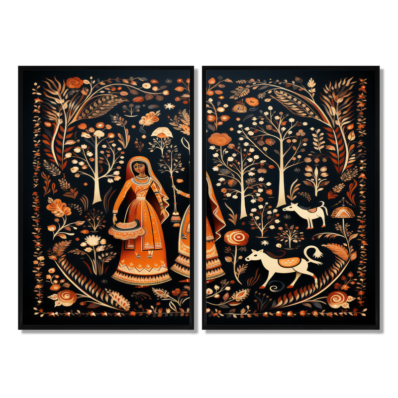Indian Indian Rajasthani Folklore Tales II - décoration murale orange, Noir, H 36 po x l 48 po