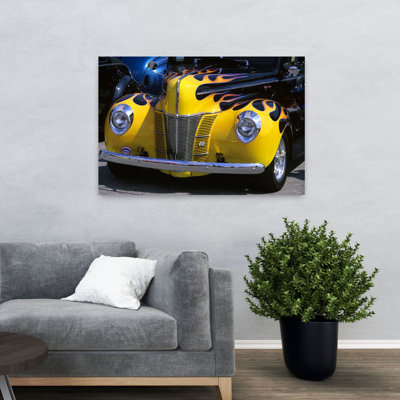 1939 1940 Ford Flame Job Painted Hot Rod Automobile Hood Headlights Grill Front Bumper Abstract Classic Retro Wall Art