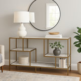 Carbone Modern Media Console Table with Open Geometric Shelves and Faux Marble Top