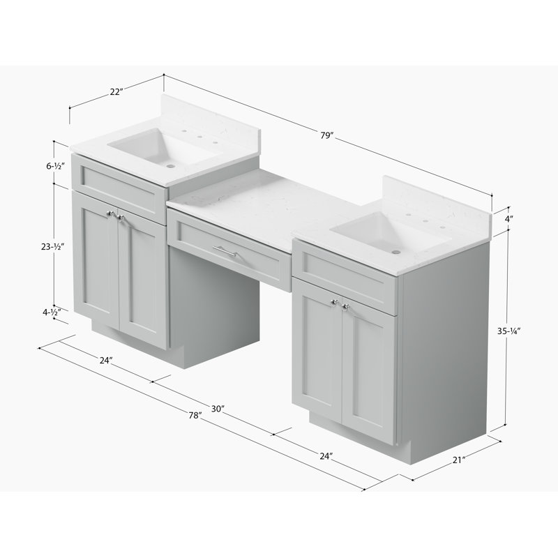 79'' Double Bathroom Vanity with Quartz Top, Gray