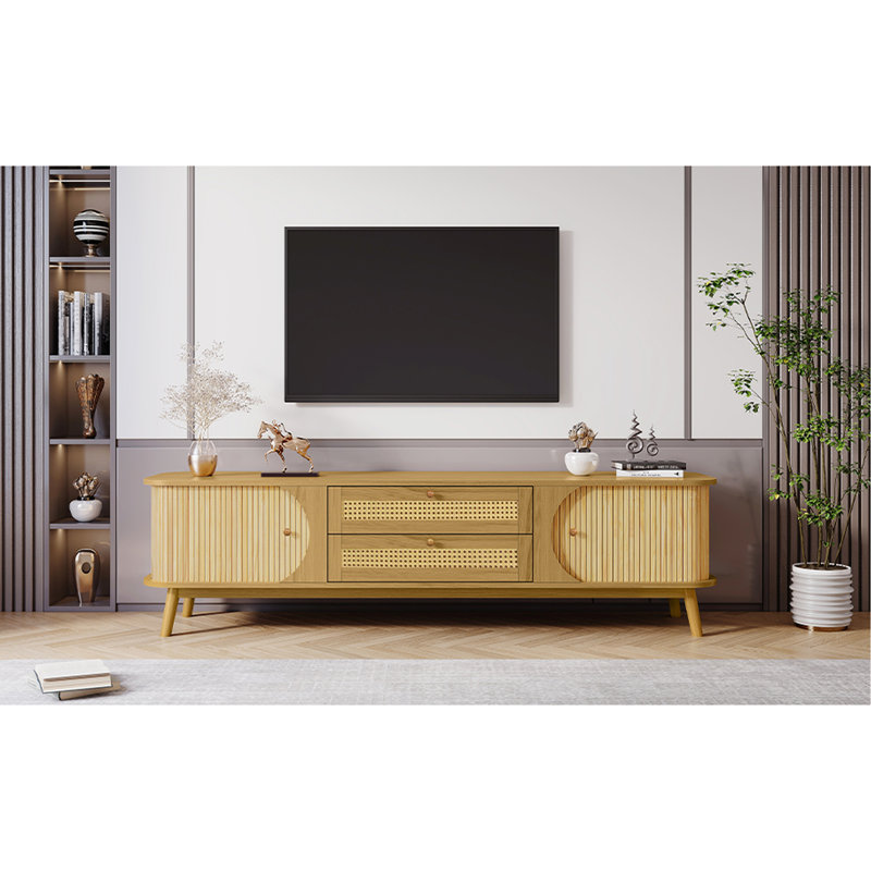 Console télé jusqu'à 75 po: cadre en bois massif, support de rangement efficace pour écrans: base, grand