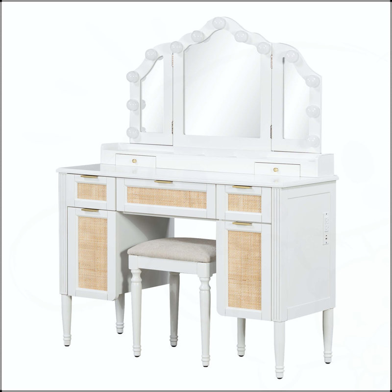 44.37" Vanity Desk with Tri-Fold Mirror and 13 Hollywood Bulbs