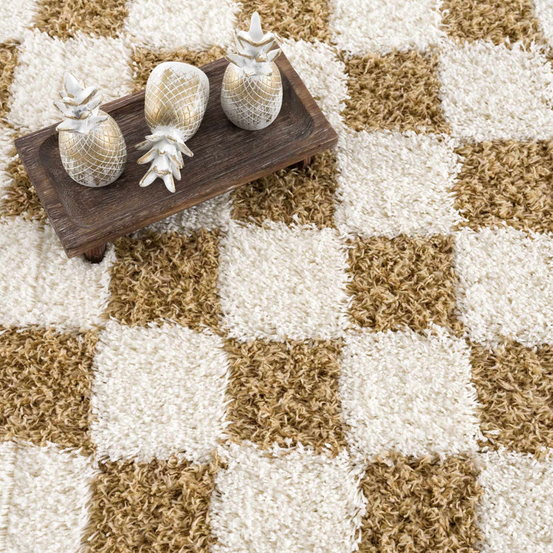Atiran Checkered Plush Pile Brown Area Rug, Rectangle 6'7" x 9'6"