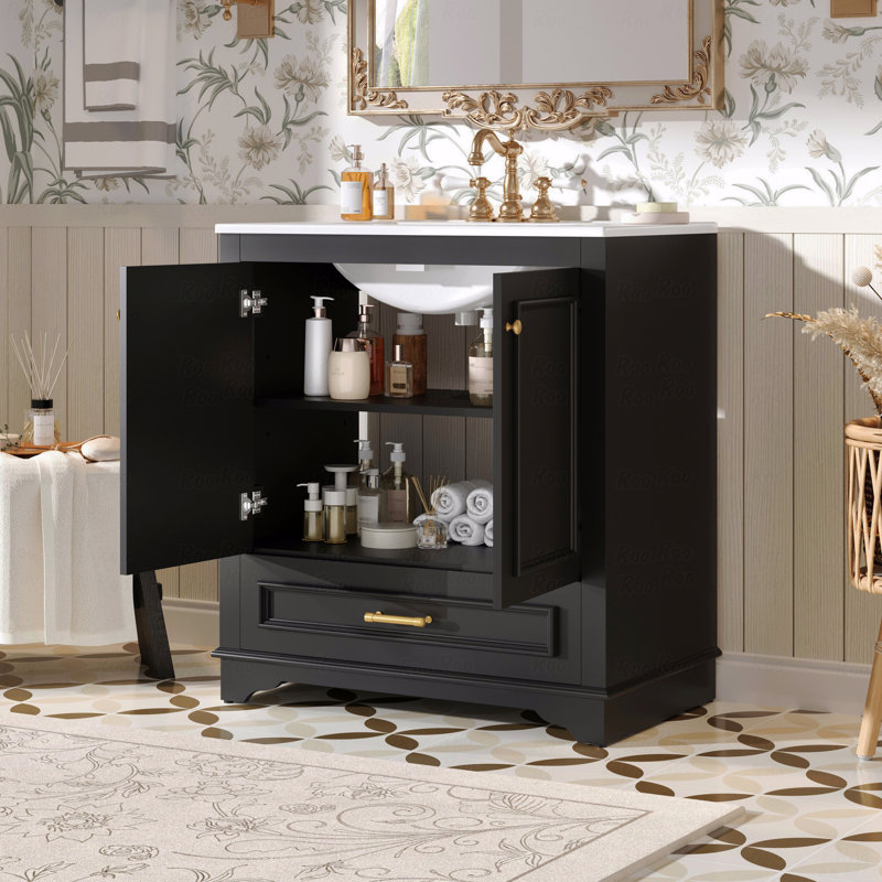 Meuble-lavabo de salle de bain avec lavabo en céramique, meuble-lavabo avec 2 grandes portes à fermeture douce, armoire de rangement en bois massif