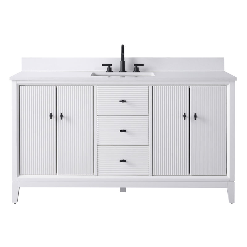 Ensemble de meuble-lavabo autoportant 60 po avec plateau en marbre Caldwell, Blanc Arabescato, Blanc, Noir mat