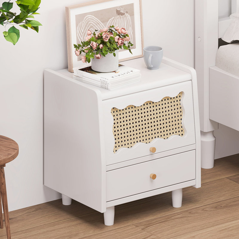 Table de chevet en bois avec armoire de rangement tissée en rotin et 1 tiroir, une élégance exquise avec des solutions de rangement naturelles