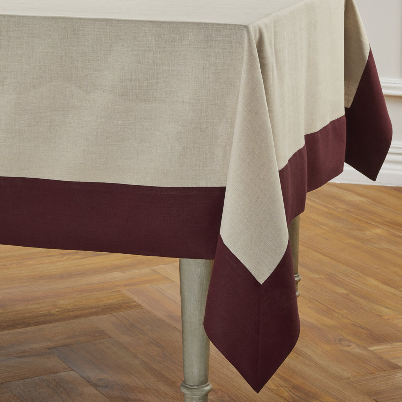 Contempo - 100% Pure Linen Tablecloth, 90" x 60", Burgundy/Natural