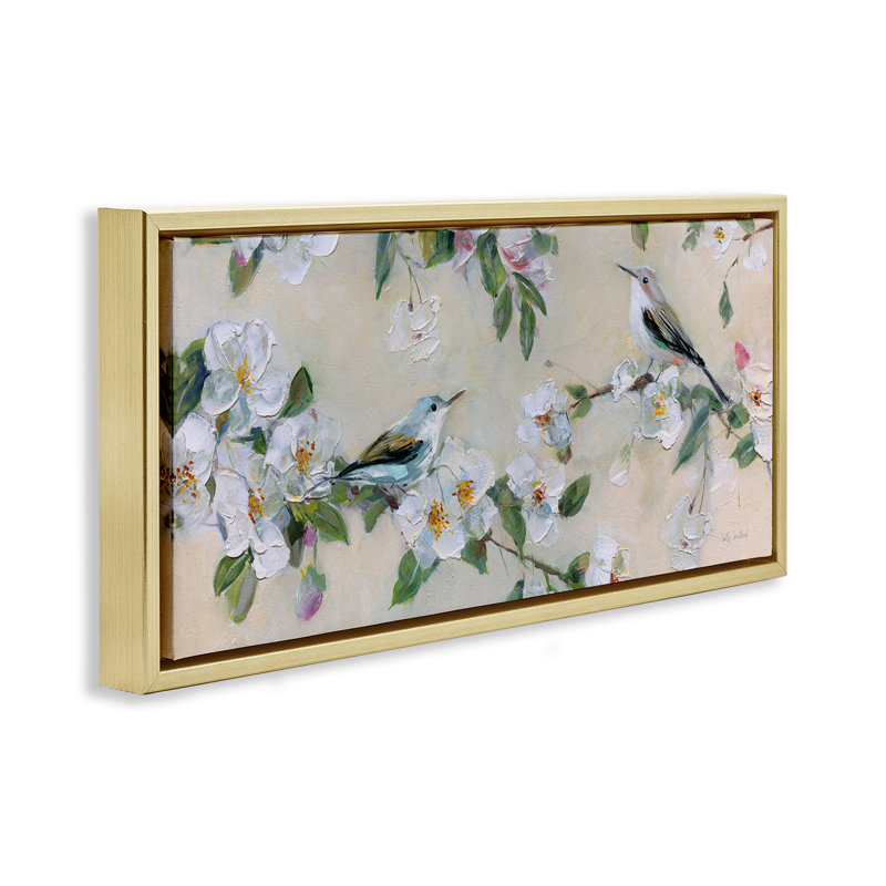 Moineaux et fleurs de pommier, H 11 po x l 25 po, Cadre flottant gris lustré