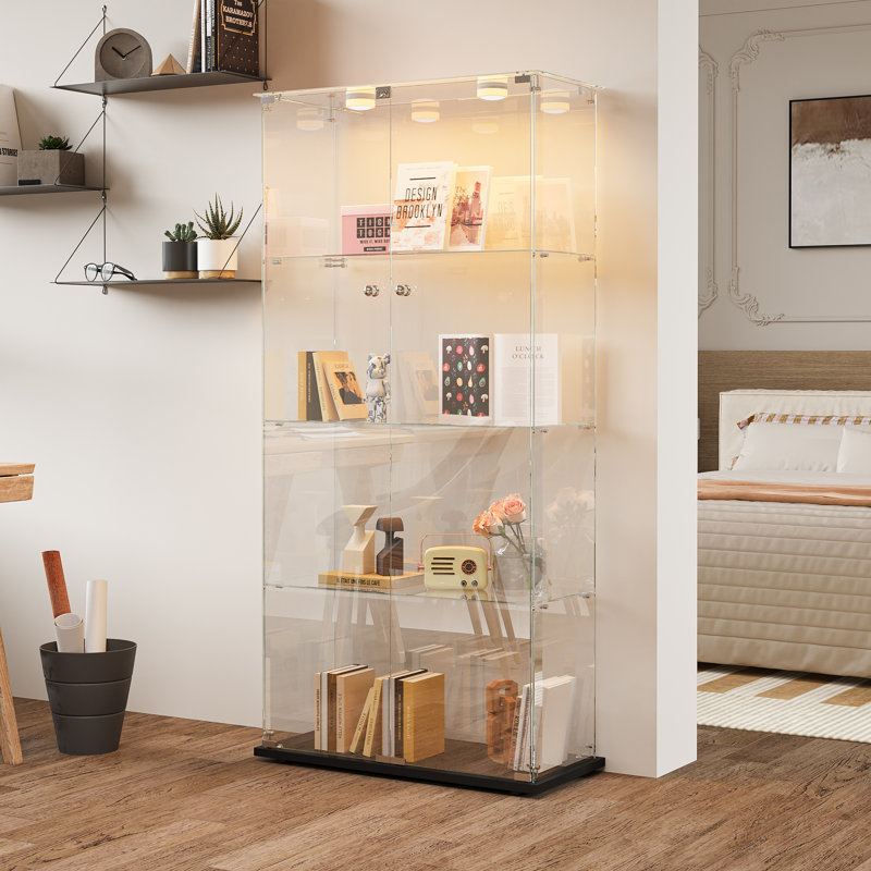 Frihart LED Glass Display Cabinet with Lockable Door, Curio Display Case for Collectibles, Books, Figurines and Home Décor