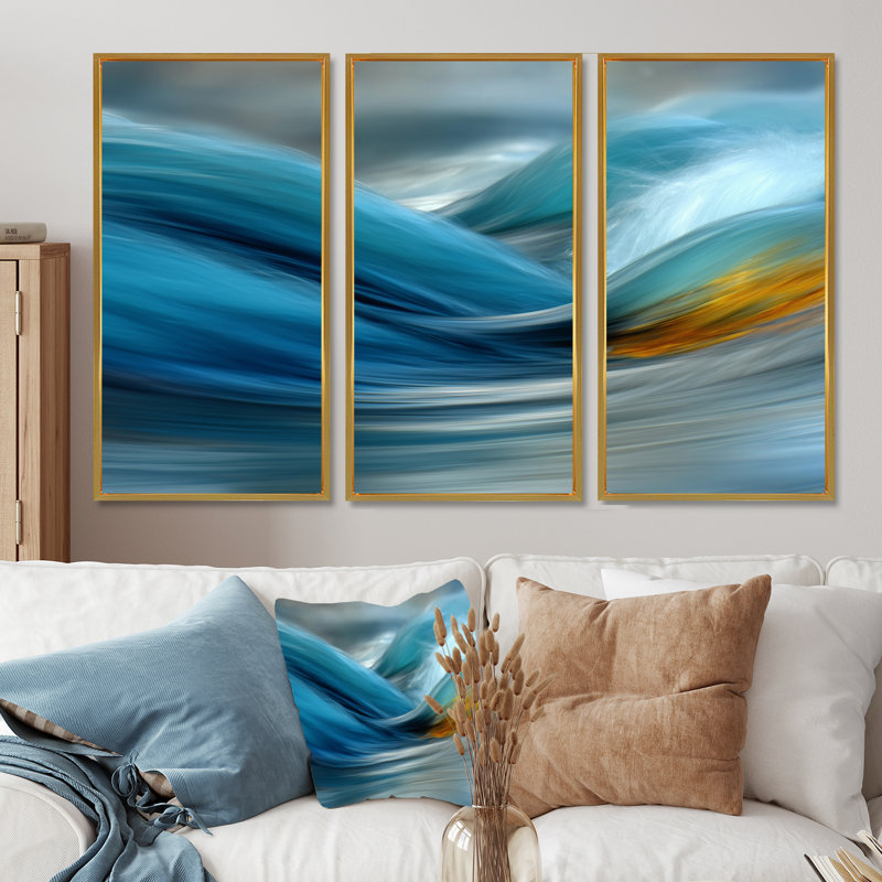 «Yellow Blue Wave», impression rythmique de rivière, Reproduction avec cadre flottant, 28" H x 36" W, Doré