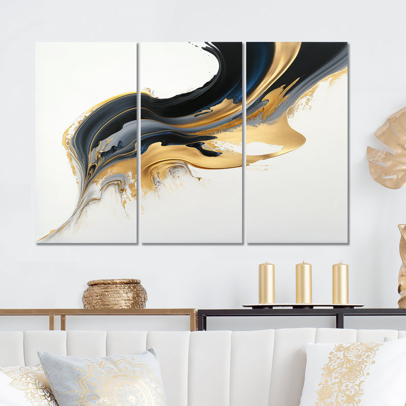Donalynn noir, blanc et or liquide I - 3 pièces sur toile, H 28 po x l 36 po x P 1 po, Toile tendue