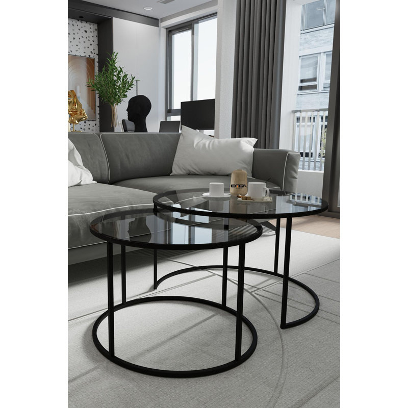 Ensemble de tables basses Modern (2 pièces), finition dorée | Plateau en verre trempé et pieds robustes en métal | Design élégant et glamour pour le salon et les espaces contemporains