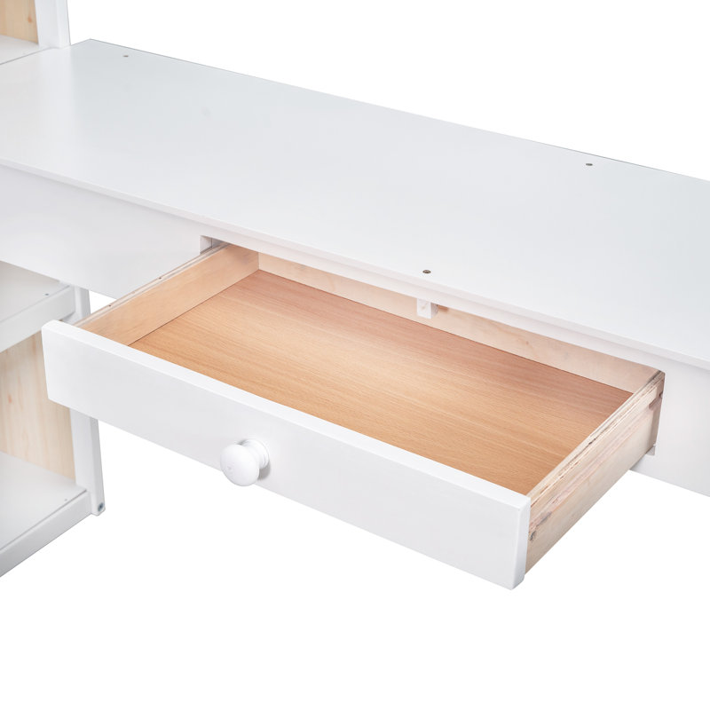 Lit mezzanine avec échelle, tablettes et bureau, Blanc, Lit double