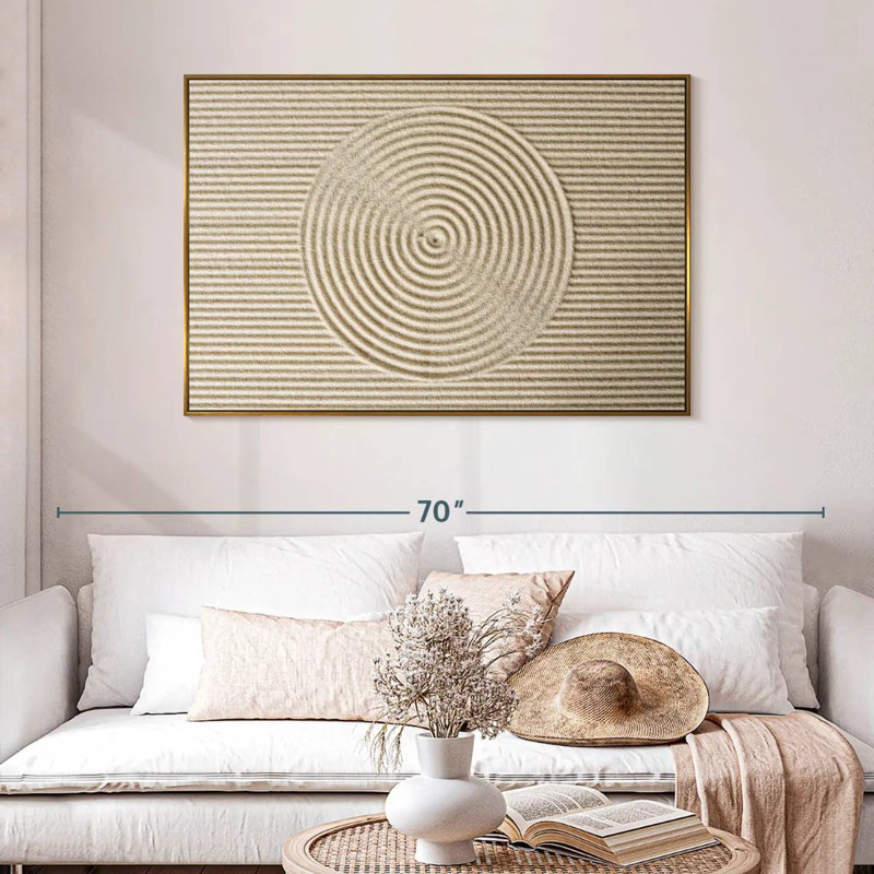 Cercles zen dans le sable, 46 po x 31 po, Cadre flottant doré