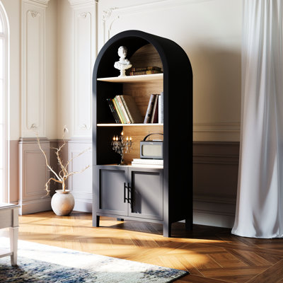 Mid-Century Modern Arched Bookcase With Door - 65.18 Inch Tall 3 Cabinet For Office, Dining Room, Living Room  Black  Solid Wood & 66.70 And Storage Space Black Dining,
