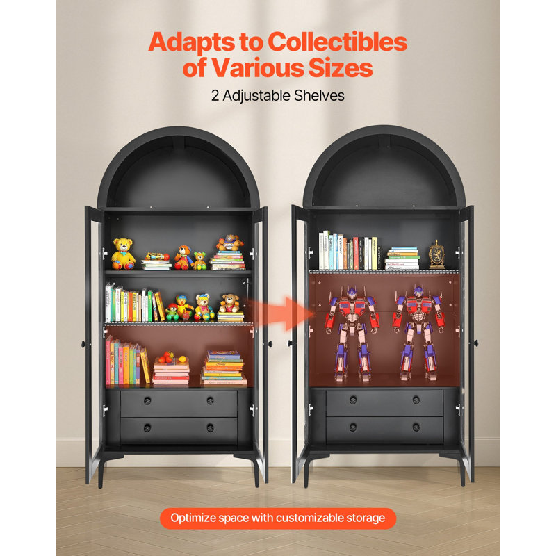Vitrine arquée avec portes en verre, armoire vitrée de 70 po de hauteur, vitrine à 4 niveaux avec 2 tablettes réglables, bibliothèque pour objets de collection, chambre, salon, bureau