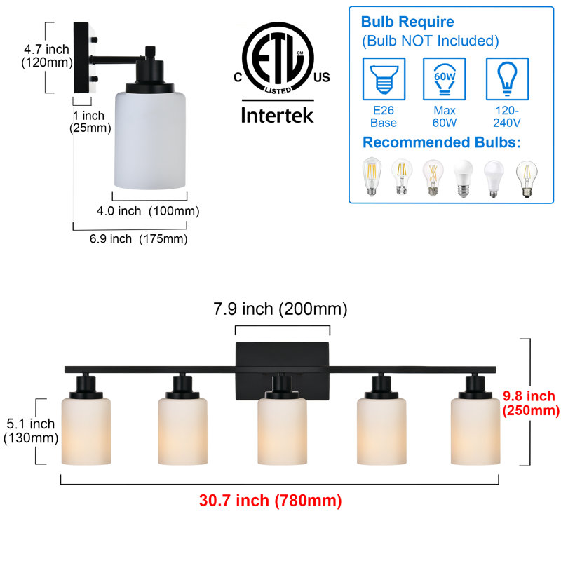 Bathroom Light Fixtures 5-Light Bathroom Vanity Light, Modern Bathroom Lights Over Mirror With Milky White Glass Shade, Bathroom Wall Sconces Vanity Lighting Fixtures For Bedroom Hallway