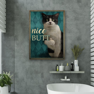 Thumbs Up Cat - Nice Butt Gallery Wrapped Canvas - Bath And Laundry Pet Illustration Decor, Black, White And Blue Bathroom Decor