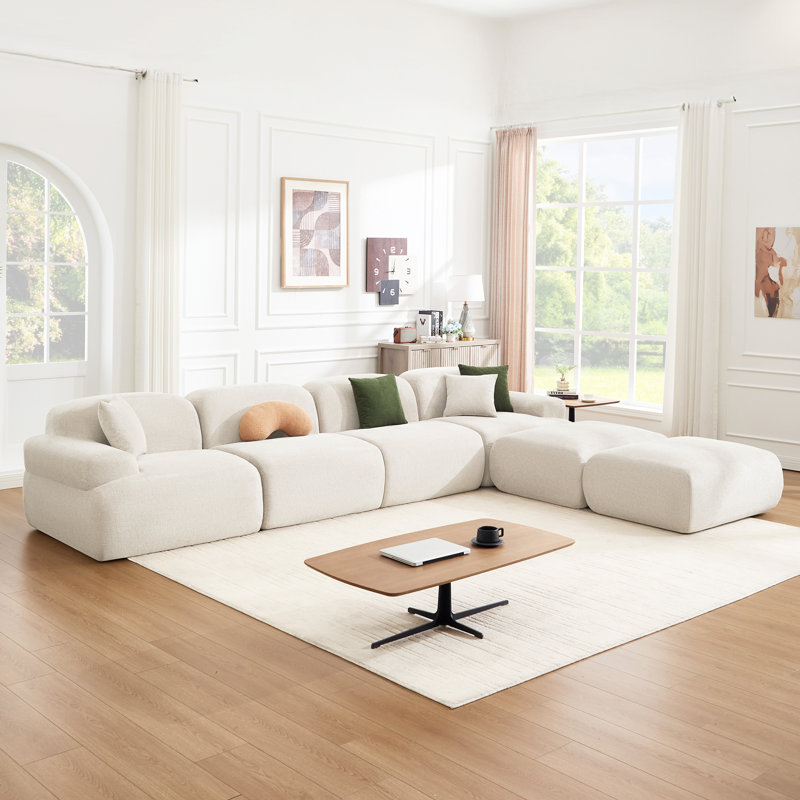 153.5" U Shaped Sectional Compression Chenille Corduroy Modular Sofa Oversized, Beige Polyester Blend