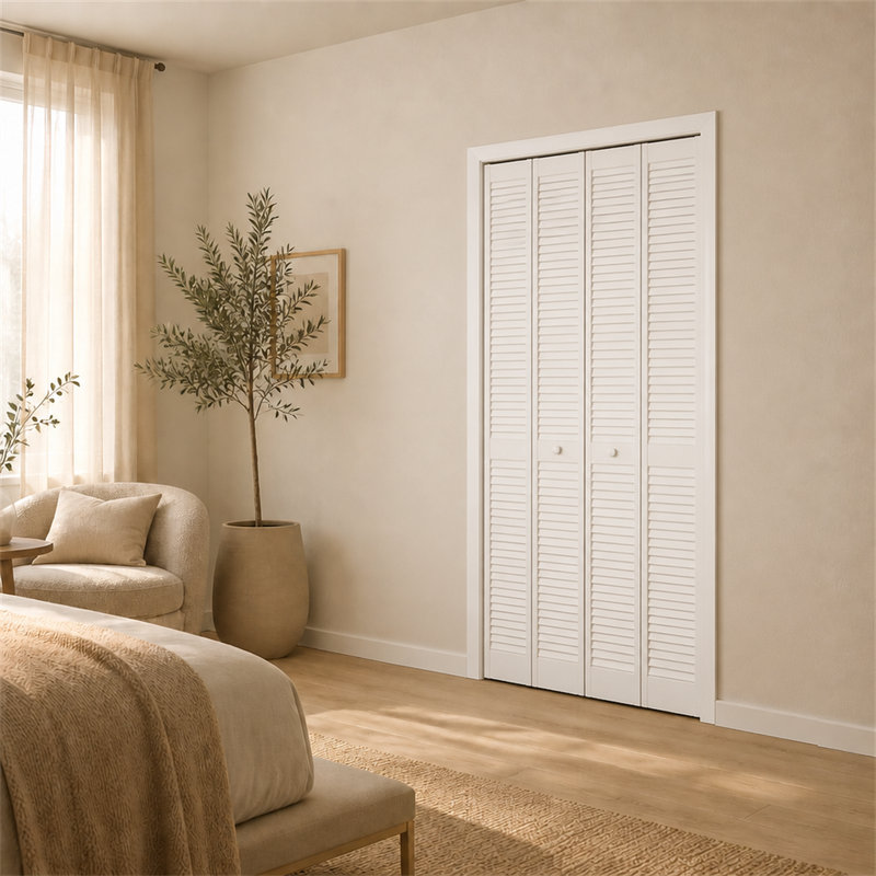 Porte pliante en bois de pin massif avec persiennes peintes Louver, 47.5"×79"