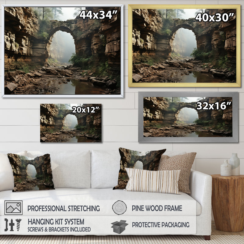 Paysage de rêve dans un canyon avec un pont - impression, H 34 po x l 44 po x P 1,5 po, Cadre photo noir