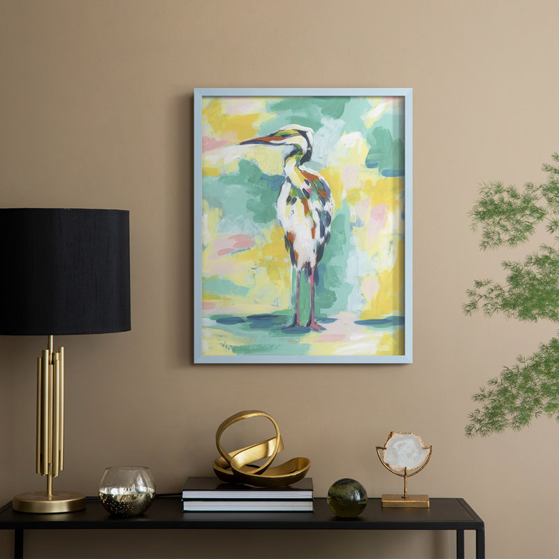 Bright Heron Fresco IV, reproduction encadrée - bois massif, H 30 po x l 24 po, Bleu