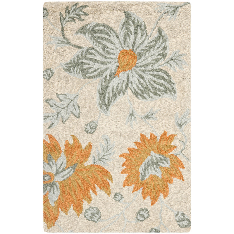 Jahiem Floral Hand Hooked Wool Ivory Area Rug, Rectangle 8' x 10'