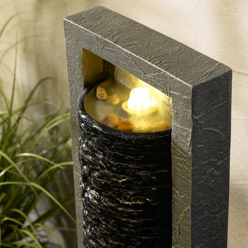 Framed Layered Rock Design Outdoor Water Fountain With Warm Glow Lighting, Gray
