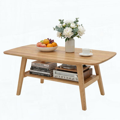 Modern Coffee Table with Storage Shelf, 2-Tier Coffee Table with Rounded Corners