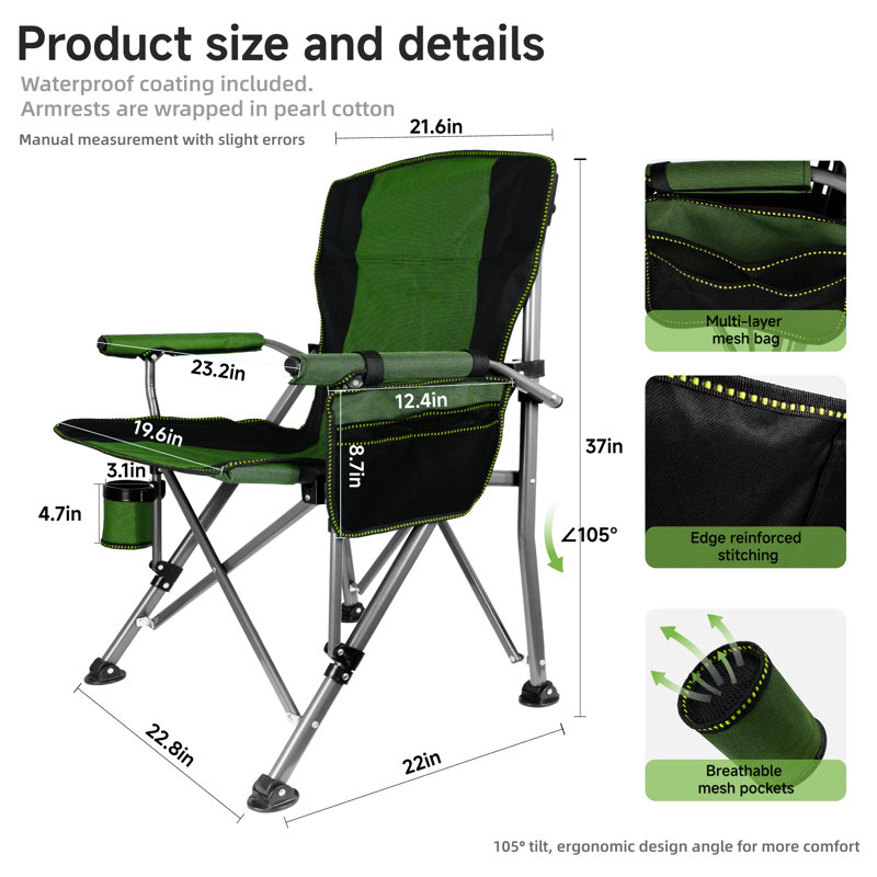 Folding Camping Chairs - Heavy Duty, Supports Up To 400 LBS, Portable Outdoor Chair With Armrests, Cup Holder & Storage Bag, Ideal For Camping, Beach, Lawn & Picnic