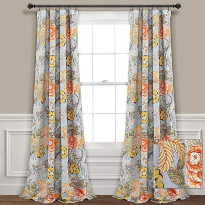 Lush Decor Sydney Light Filtering Window Curtain Panels, Pair, 52" W X 95" L, Gray & Yellow - Drapes - Floral Curtains For Bedroom - Vintage Curtains - Coquette Decor