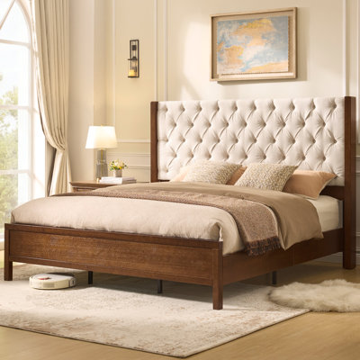 Tufted Upholstered Platform Bed with Wood Frame and Tall Headboard