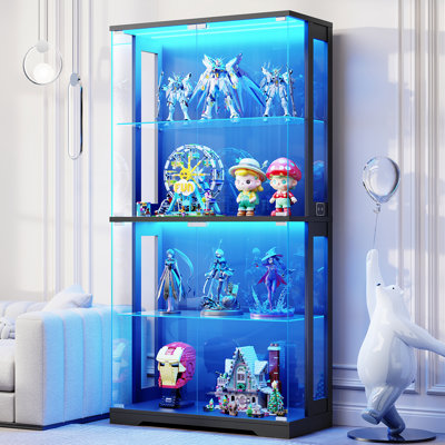 Display Cabinet With Glass Doors, 4-tier Curio Cabinet With 3 Color Lights For Collectibles, 65" Lighted Glass Display Case With Transparent Full-disp by Wrought Studio