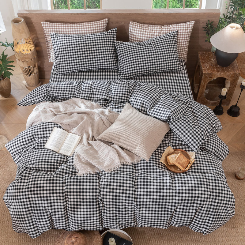 MooMee Gingham Duvet Cover Set 100% Washed Cotton Linen Like Lightweight, Black/White