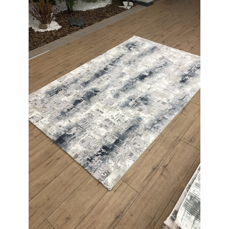 Tapis rectangulaire bleu / gris en acrylique tissé à la machine, Rectangle 6 pi 7 po x 9 pi 6 po