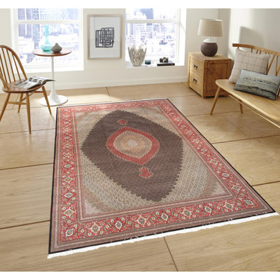 Tapis bleu marine / rouge / brun noué à la main de conception unique Baku