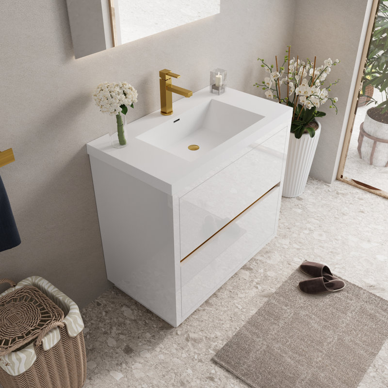 Meuble-lavabo autoportant avec lavabo intégré et comptoir en résine de pierre, Blanc