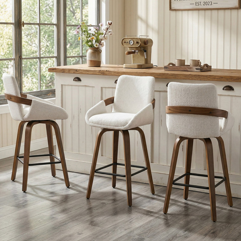 26" Swivel Upholstered Counter Stool with Walnut-Finish Bentwood Accent, 3, Beige