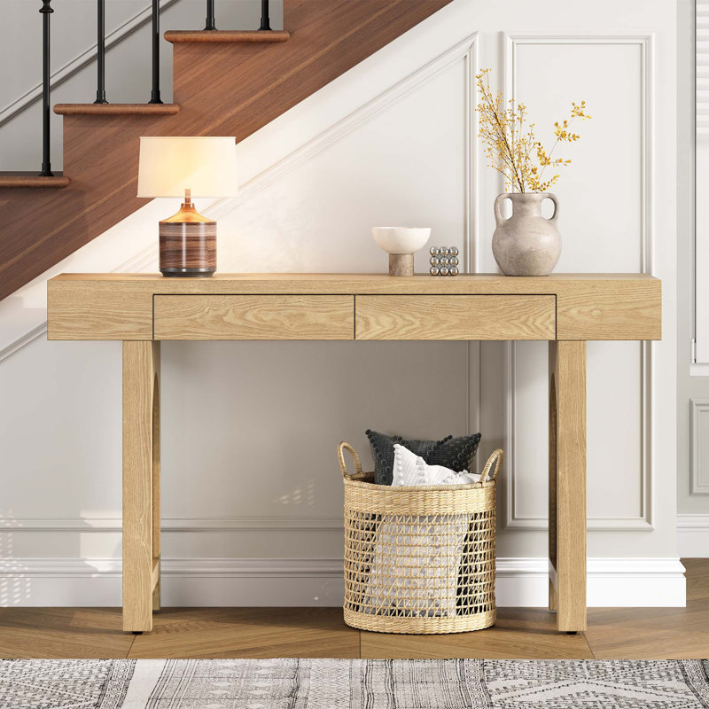 Stylish Rustic Narrow Console Table With Storage Drawers, Natural