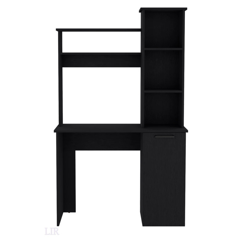 Bureau d'ordinateur avec huche, armoire à une porte, grande surface de travail et tablettes de rangement à 3 niveaux, Noir