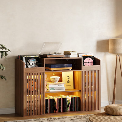 Large Record Storage Cabinet With Sliding Doors, Turntable Stand With Charging Station & LED Lighting, Holds 1500+ Vinyl Records, Floor-Standing Design For Stability