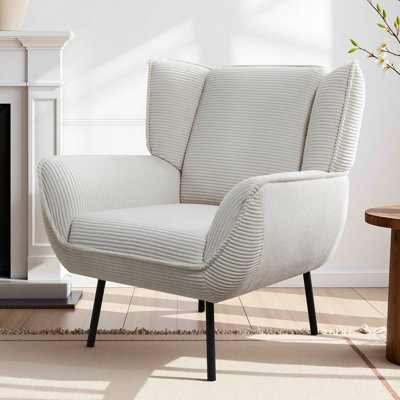 Fauteuil à oreilles moderne rembourré pour le salon / la chambre à coucher, velours côtelé blanc