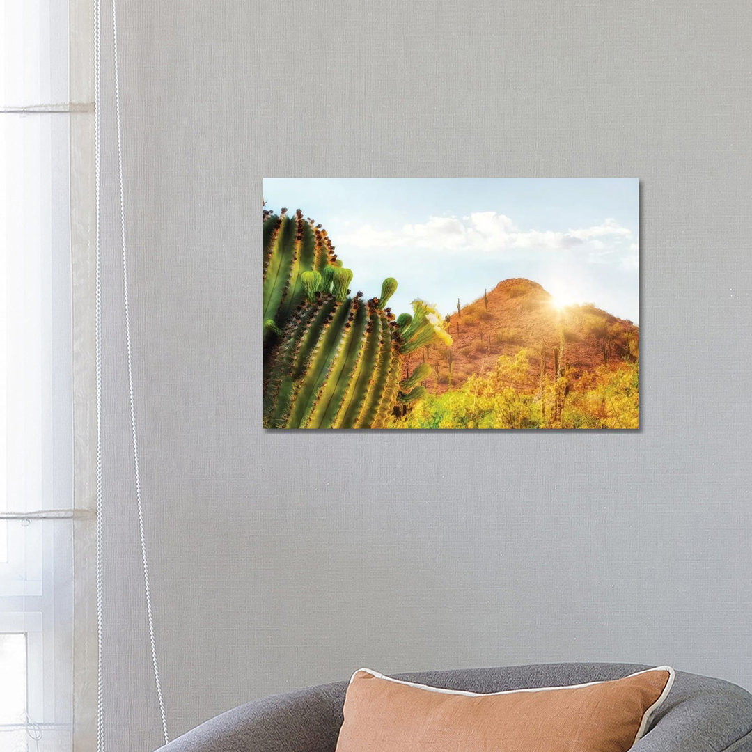 Arizona Desert Scene With Mountain And Cactus von Susan Richey - Gallery-Wrapped Canvas Giclée